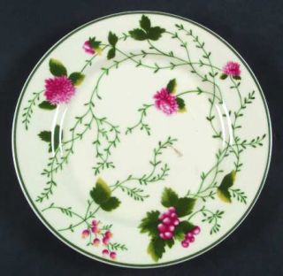 Waverly Roseberry Salad Plate, Fine China Dinnerware   Pink Flowers,Green Trim,S