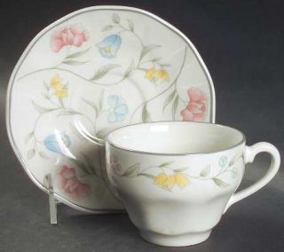 Johnson Brothers Savoy Multicolor (Newer,Floral) Flat Cup & Saucer Set, Fine Chi