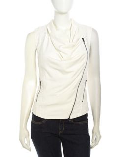 Zip Up Jersey Contrast Faux Leather Vest, Ivory