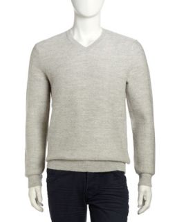 Chevron Knit Wool Blend V Neck Sweater, White
