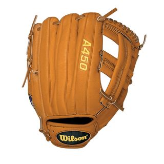 Wilson A450 Gaming Glove (Orange tanBrand WilsonDual post webAll positionsGame ready all leather shellDual welting for a durable pocket 11.5 inchesAdult/child YouthMale/female MaleRight handed throwerMaterial LeatherColor Orange tanBrand WilsonDual 