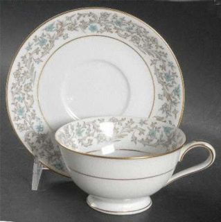 Noritake Dover Footed Cup & Saucer Set, Fine China Dinnerware   Blue Flowers,Gra