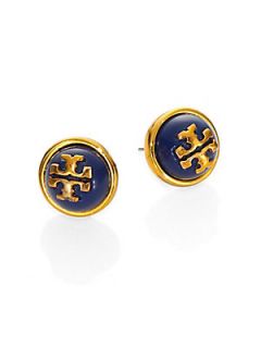 Tory Burch Melodie Cabochon Logo Stud Earrings   Tory Navy