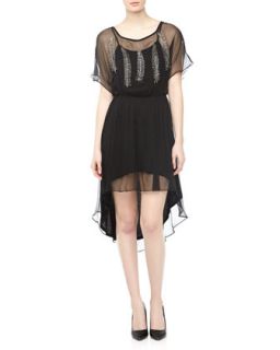 Feather Beaded High Low Dress, Black