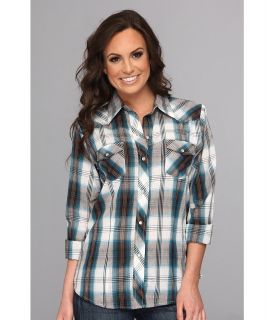 Roper 8858 Turquoise Brown Plaid Womens Long Sleeve Button Up (Blue)