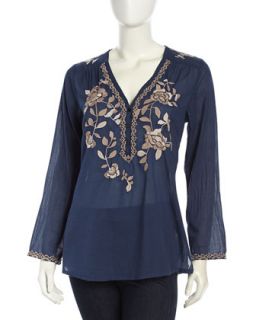 Long Sleeve Relaxed Embroidery Lawn Blouse, Deep Dawn