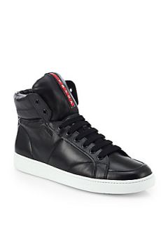 Prada Leather High Top Sneakers   Black