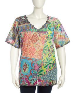 Floral Print V Neck Voile Tunic, Multi, Womens