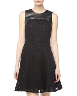 Faux Leather And Lace Panel Dress, Black