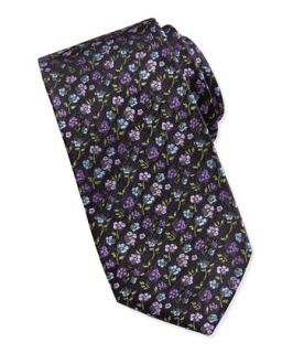 Floral Pattern Faille Tie, Black/Purple
