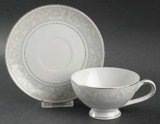 Mikasa Winthrop Footed Cup & Saucer Set, Fine China Dinnerware   White Plumes On