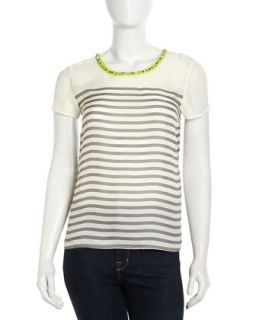 Bejeweled Collar Striped Satin Tee, Taupe/White