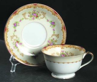 Noritake N154 Footed Cup & Saucer Set, Fine China Dinnerware   Red & Tan Border,