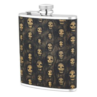 Stainless Steel 6 ounce Flask With Black And Gold Skulls Genuine Leather Cover