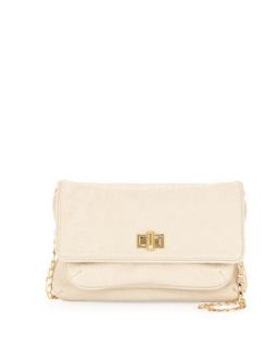 Pebbled Faux Leather Turnlock Clutch, Cream