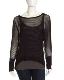 Pullover Sheer Stripe Stretch Knit Sweater, Black