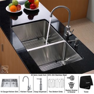 Kraus KHU10333KPF2210KSD30CH 33 inch Undermount Double Bowl Stainless Steel Kitchen Sink with Chrome Kitchen Faucet and Soap Dispenser
