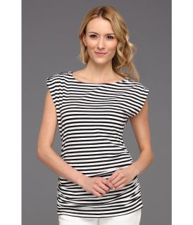 MICHAEL Michael Kors Jardin Stripe Short Sleeve Zip Top Womens Clothing (White)