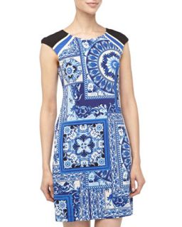Tapestry Print Stretch Knit Dress, Blue