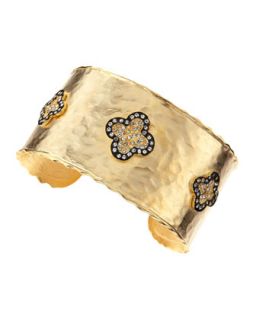 Gold Plated Hammered Pave Clover Cuff