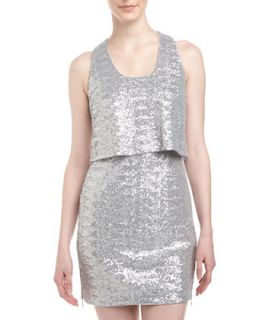 Sequined Tiered Racerback Dress, Silver