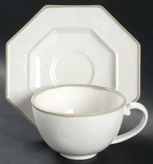 Juliska Ceramics Octavia Whitewash (Portobello Trim) Flat Cup & Saucer Set, Fine